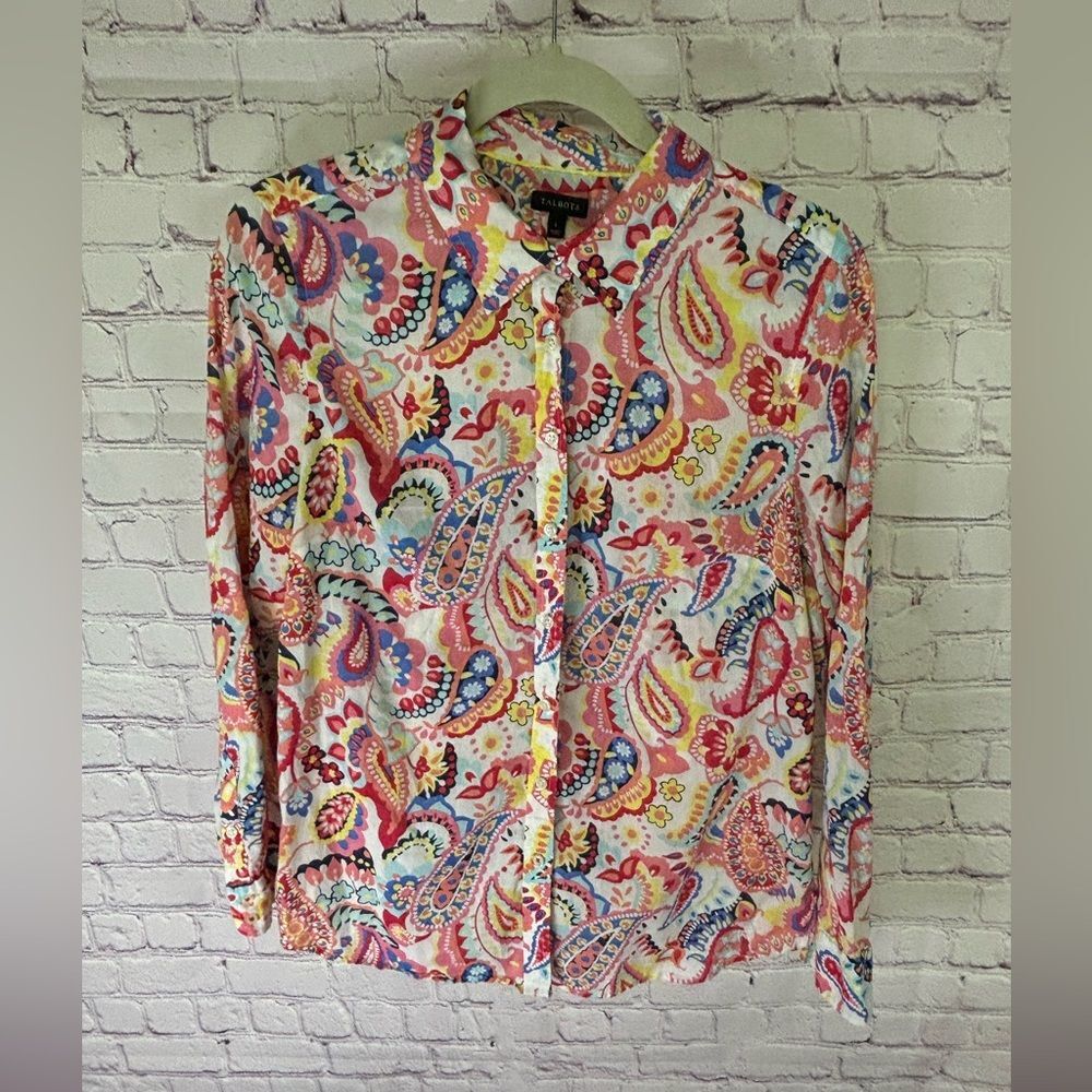 Talbots Button Up Bright Pink Paisley Preppy Coastal Beach Roll Tab Sleeve Large